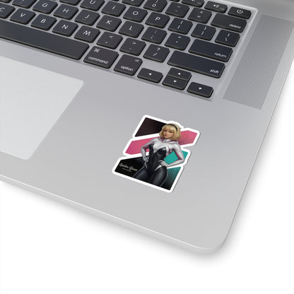 Spider-Gwen Sticker – Superhero Vinyl Sticker for Laptops & Indoor Decor on silver laptop corner showing glossy vibrant print and bubble-free application