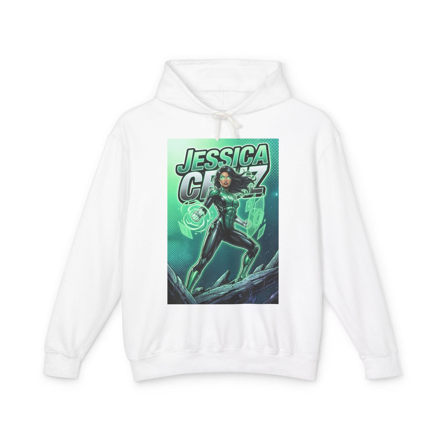 Jessica Cruz Hoodie | Green Lantern Hoodie | DC Superhero Pullover — white pullover featuring glowing green Jessica Cruz comic art