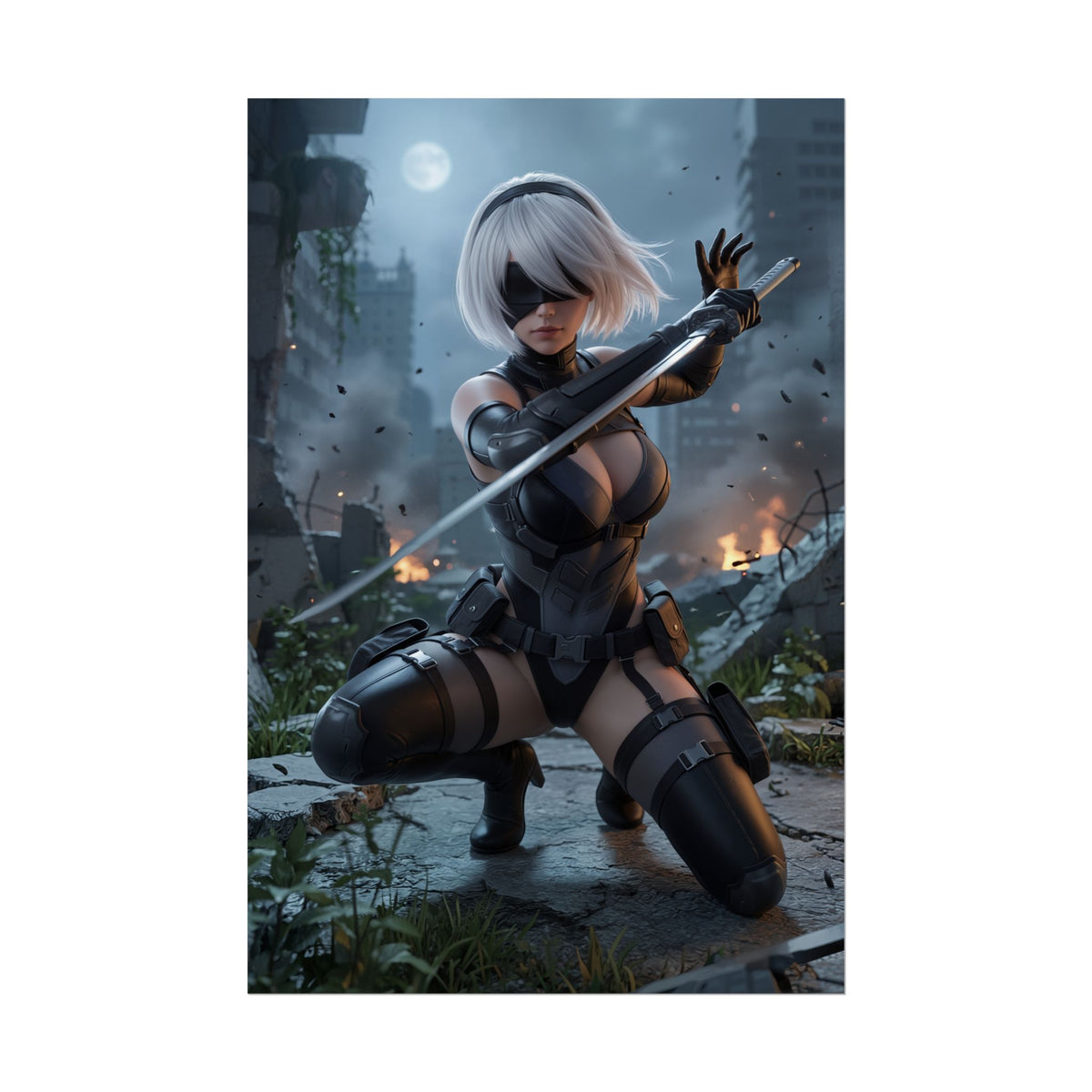 2B Poster, Nier Automata Art Print  Sci-Fi Game Heroine Wall Decor featuring 2B kneeling with sword in a ruined cyberpunk city scene
