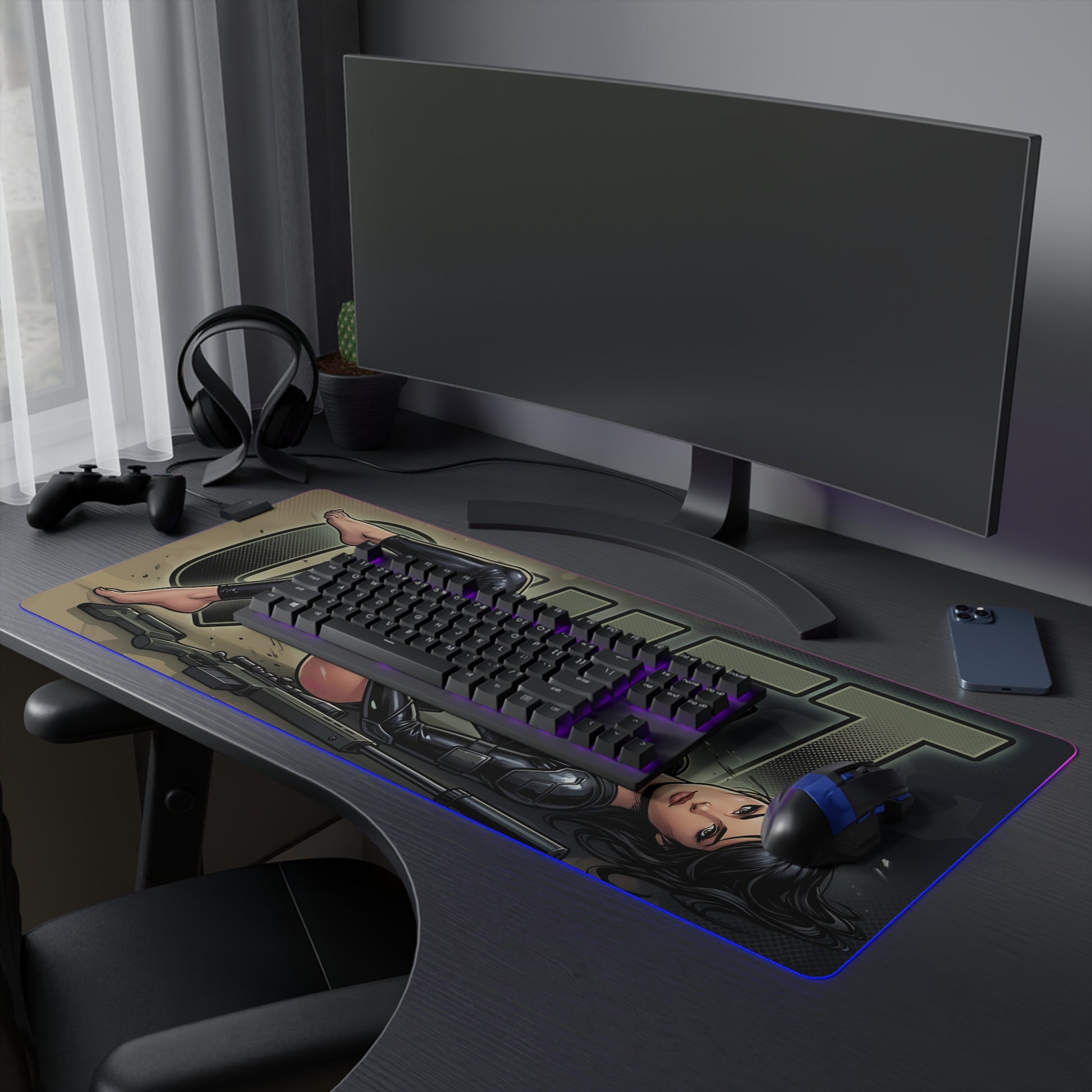Quiet RGB Desk Mat, Metal Gear Solid V Gaming Mouse Pad, LED Desk Mat featuring sniper-inspired art, dark military tones and RGB LED edge lighting