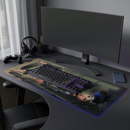 Quiet RGB Desk Mat, Metal Gear Solid V Gaming Mouse Pad, LED Desk Mat featuring sniper-inspired art, dark military tones and RGB LED edge lighting