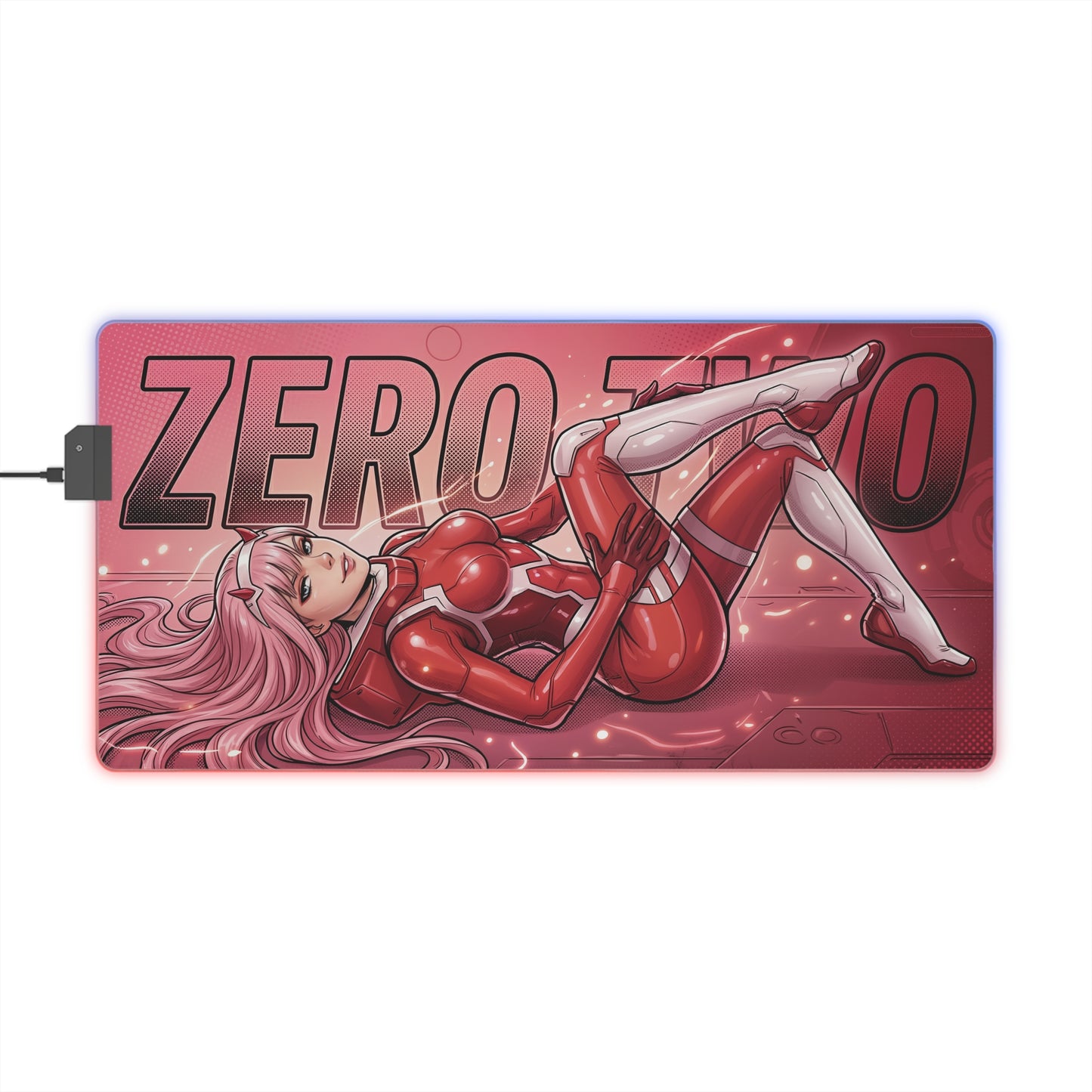 Zero Two RGB Desk Mat, Anime Gaming Mouse Pad, LED Desk Mat for Gamer Setup featuring reclining pink-haired anime character in red suit on LED mouse pad