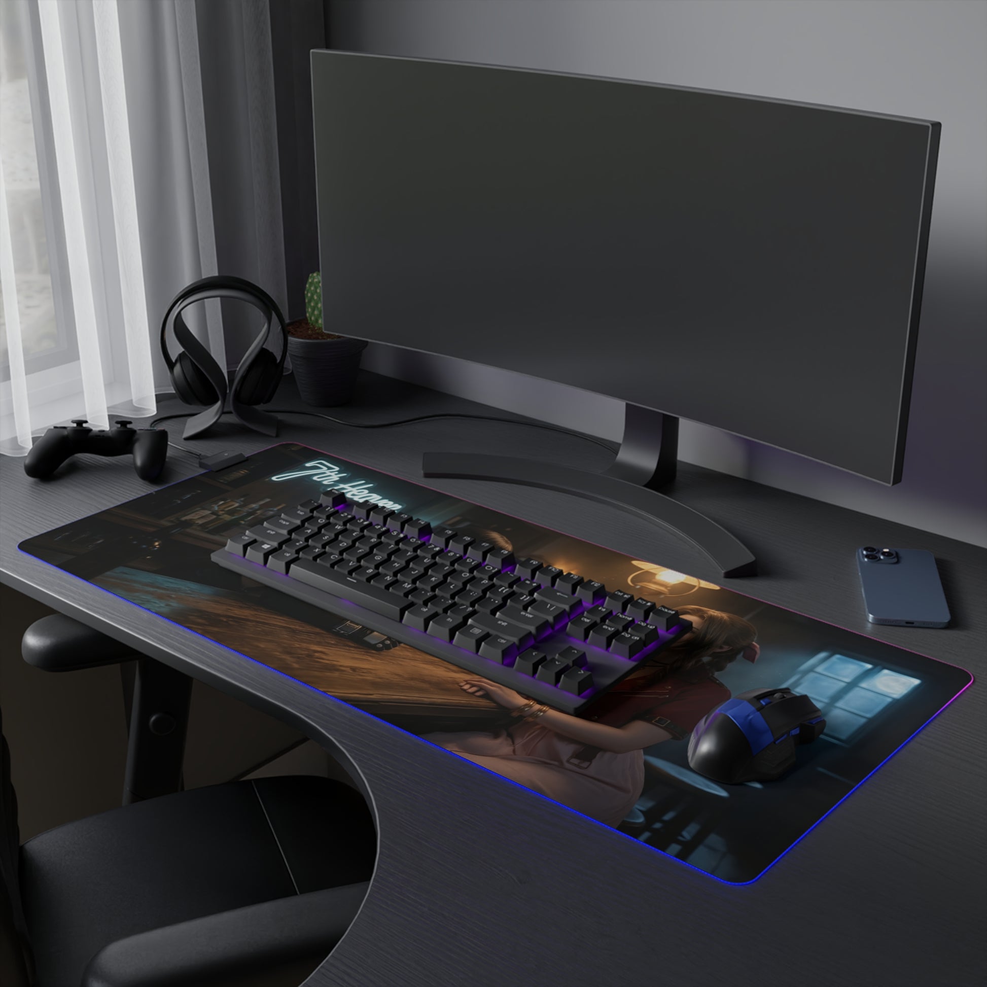 Tifa Lockhart & Aerith Gainsborough Desk Mat – LED RGB Pad showing duo-themed full-size gaming desk mat with RGB border and smooth precision-cloth surface