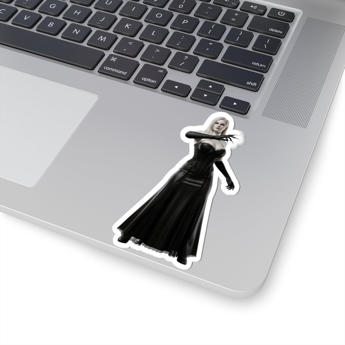 Lady Dimitrescu Sticker – Gothic Game Character Vinyl Sticker for Laptops & Decor on silver laptop corner, glossy durable vinyl, bubble-free application
