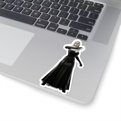 Lady Dimitrescu Sticker – Gothic Game Character Vinyl Sticker for Laptops & Decor on silver laptop corner, glossy durable vinyl, bubble-free application