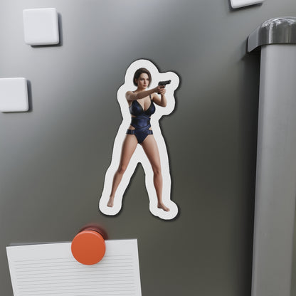 Jill Valentine Magnet – Resident Evil Heroine Fridge Magnet, Game Decor showing die-cut vinyl anime-style Jill aiming a pistol on a fridge