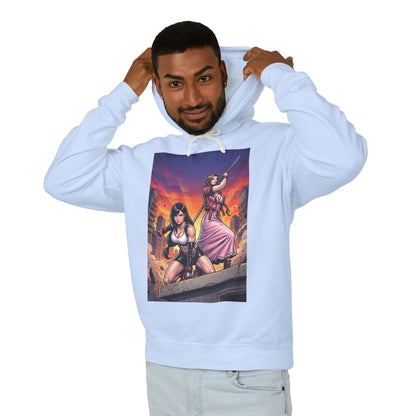 Alt Tag: Tifa & Aerith Hoodie | Final Fantasy Heroine Hoodie | Legendary Duo Pullover - light blue hoodie with Tifa and Aerith artwork on model