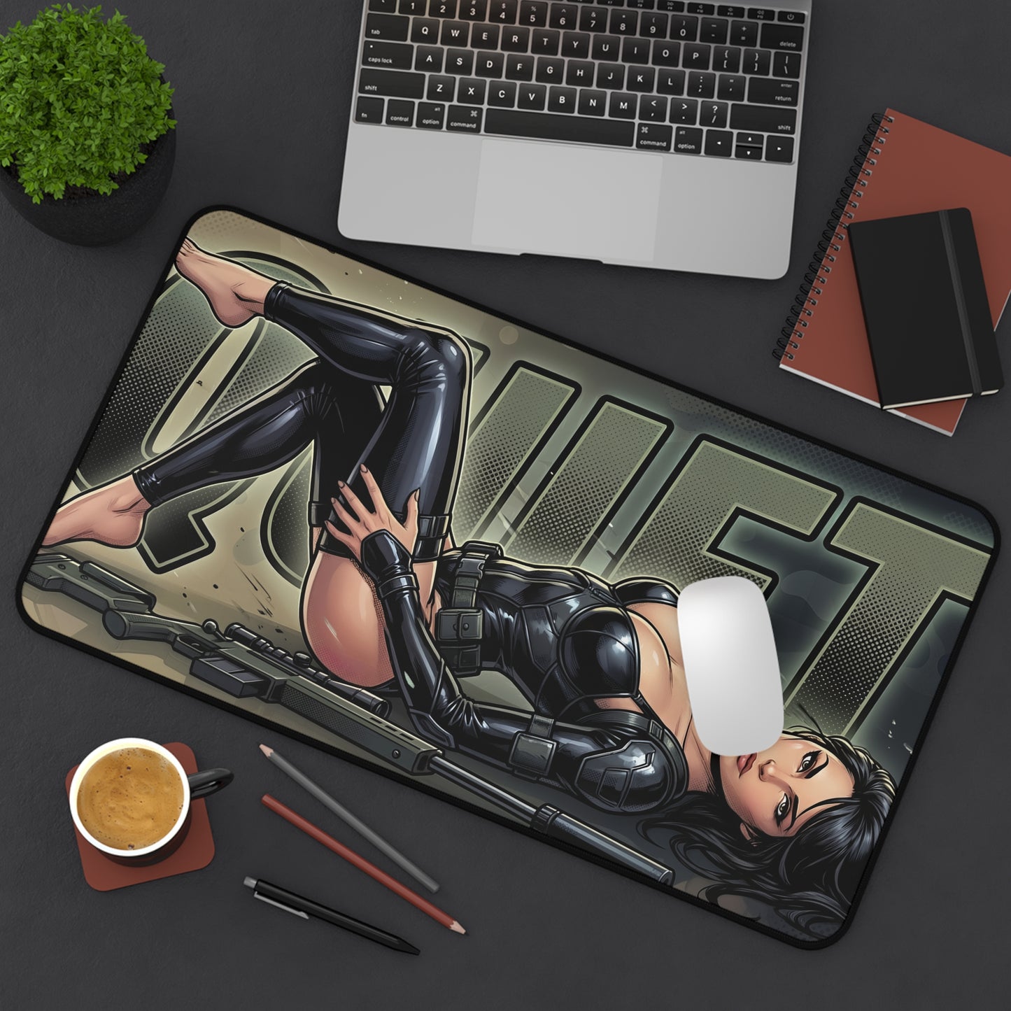 Quiet Mouse Pad – Tactical Action Gaming Mouse Pad, Stylish Gamer Desk Decor featuring tactical art black-clad character on gaming desk setup