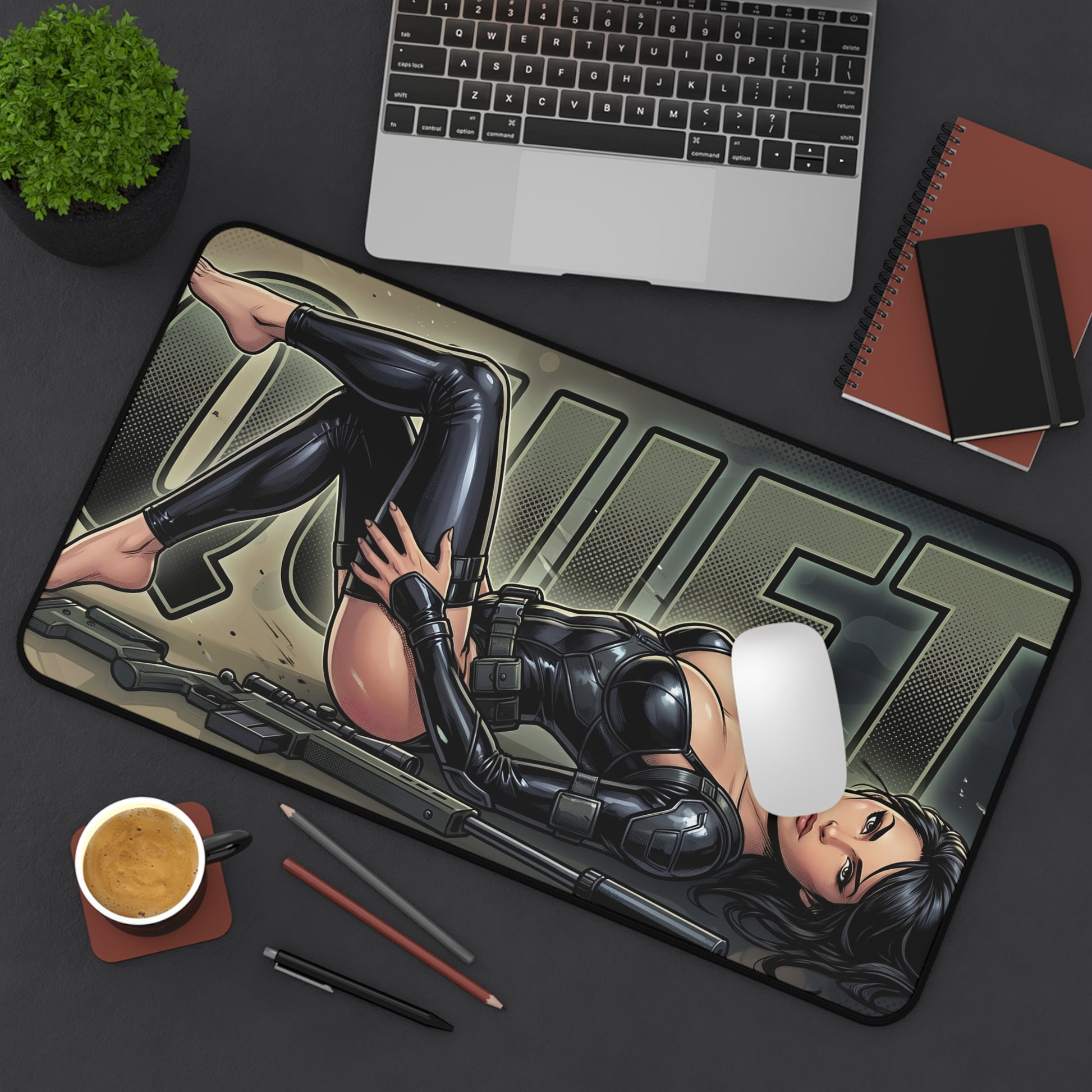 Quiet Mouse Pad – Tactical Action Gaming Mouse Pad, Stylish Gamer Desk Decor featuring tactical art black-clad character on gaming desk setup