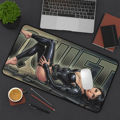 Quiet Mouse Pad – Tactical Action Gaming Mouse Pad, Stylish Gamer Desk Decor featuring tactical art black-clad character on gaming desk setup