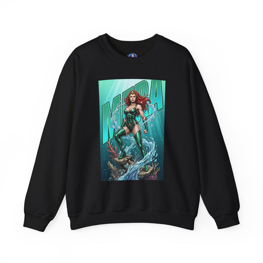 Mera Sweatshirt, DC Comics Wall Art Style, Premium Heroine Apparel - black crewneck with comic-style Mera artwork, red hair, emerald armor, water powers