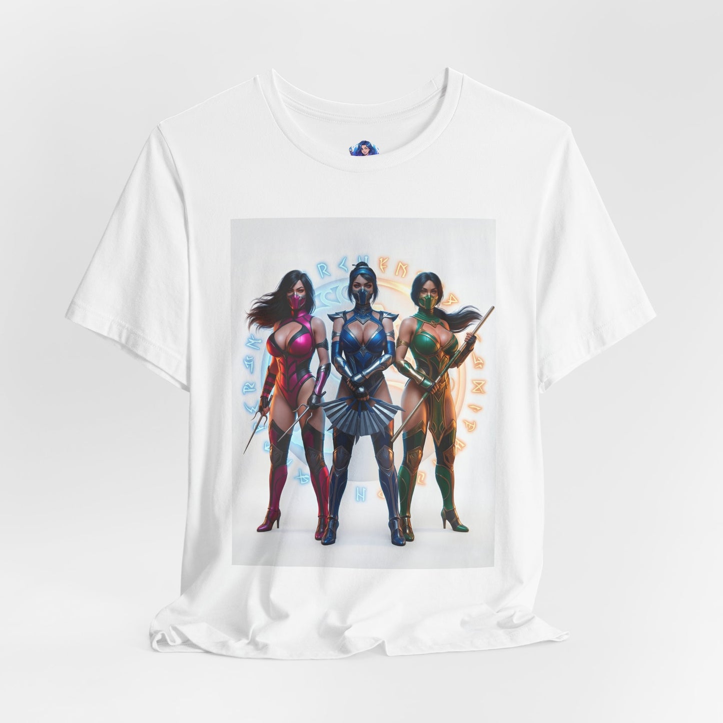 Kitana Jade and Mileena T-Shirt | Mortal Kombat Anime Tee for Gamers & Fans - white tee showing anime-style trio illustration of Kitana, Jade, Mileena