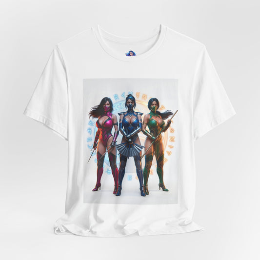 Kitana Jade and Mileena T-Shirt | Mortal Kombat Anime Tee for Gamers & Fans - white tee showing anime-style trio illustration of Kitana, Jade, Mileena