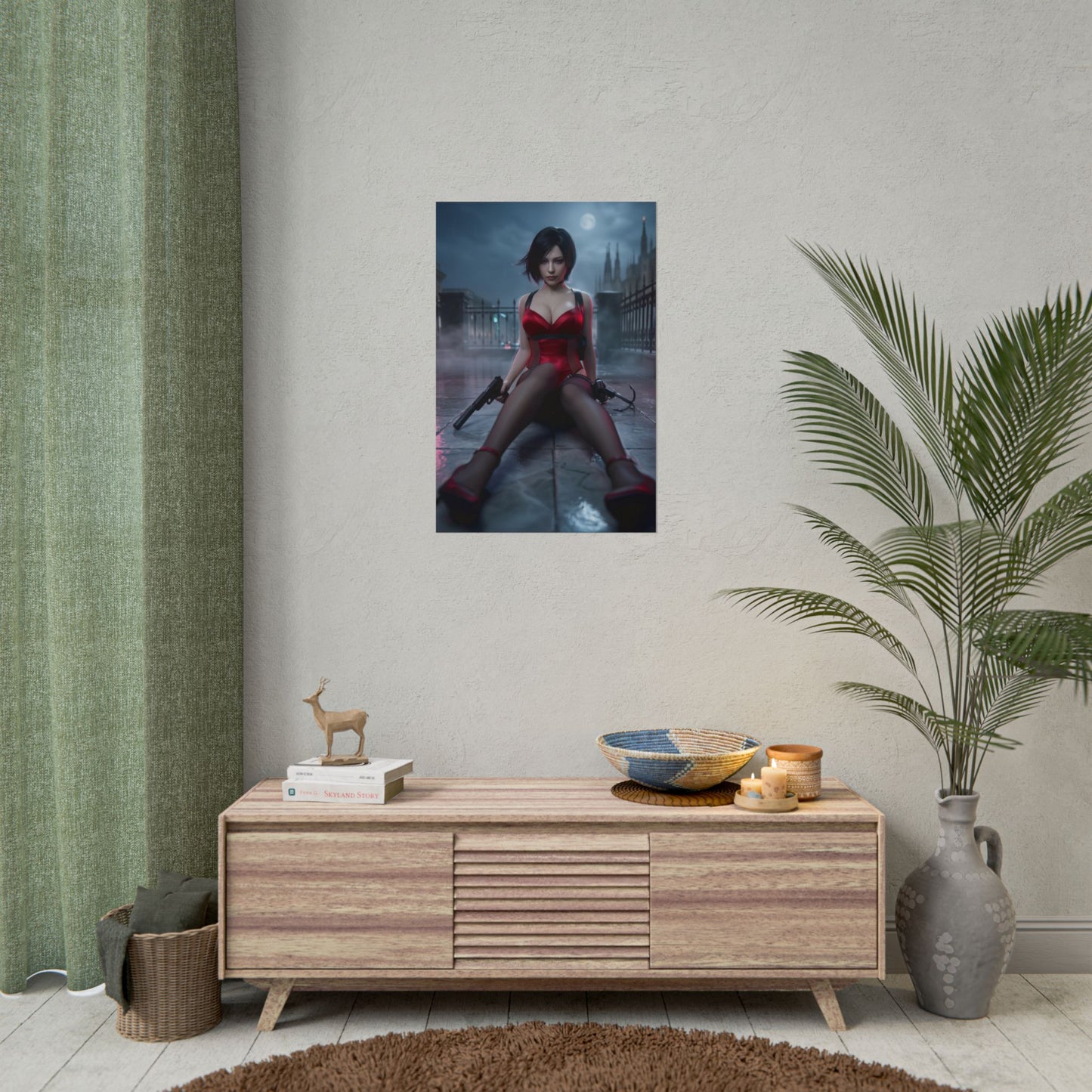 Ada Wong Poster / Ada Wong Wall Art / Ada Wong Art Print / Resident Evil Poster - cinematic night scene of Ada Wong in red outfit on wet streets