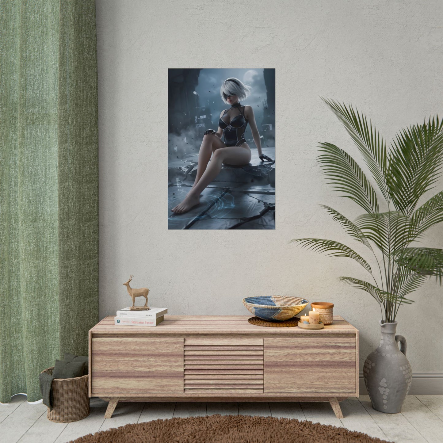 2B Poster / 2B Wall Art / 2B Art Print / NieR Automata Poster - cinematic 2B sitting among digital ruins, moody minimalist sci‑fi wall decor