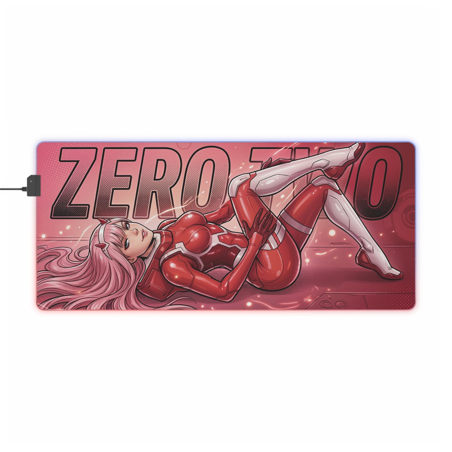 Zero Two RGB Desk Mat, Anime Gaming Mouse Pad, LED Desk Mat for Gamer Setup featuring vibrant anime Zero Two illustration on red RGB mouse pad