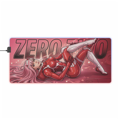 Zero Two RGB Desk Mat, Anime Gaming Mouse Pad, LED Desk Mat for Gamer Setup featuring vibrant anime Zero Two illustration on red RGB mouse pad