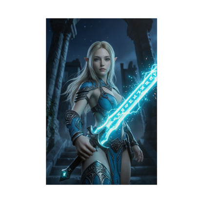 Princess Poster Fantasy  Wall Art Print Gaming Room Decor featuring glowing-sword heroine in mystical ruins, cinematic lighting and magical energy