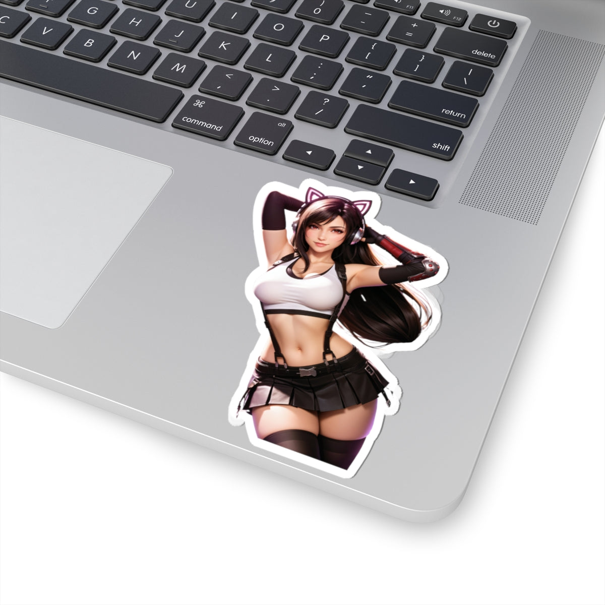 Tifa Lockhart Sticker – Fantasy Game Vinyl Sticker for Laptops & Indoor Decor on a laptop keyboard.