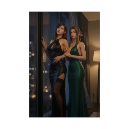 Tifa Aerith Poster, Final Fantasy Art Print – RPG Fan Wall Artwork two heroines in elegant evening gowns, character-focused RPG fan wall art