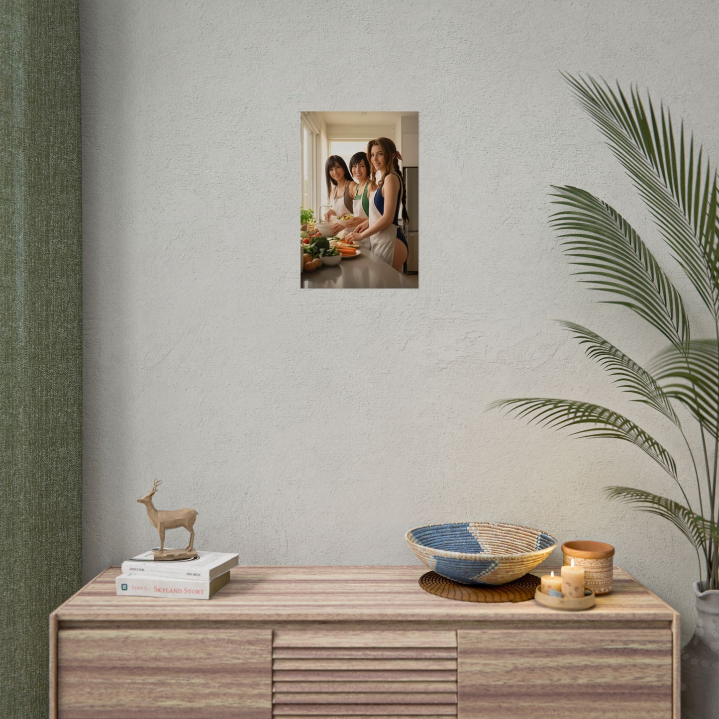 Tifa Aerith Yuffie Poster, Final Fantasy VII Art Print, Iconic RPG Trio displayed above a wooden console in a gaming room wall décor setting
