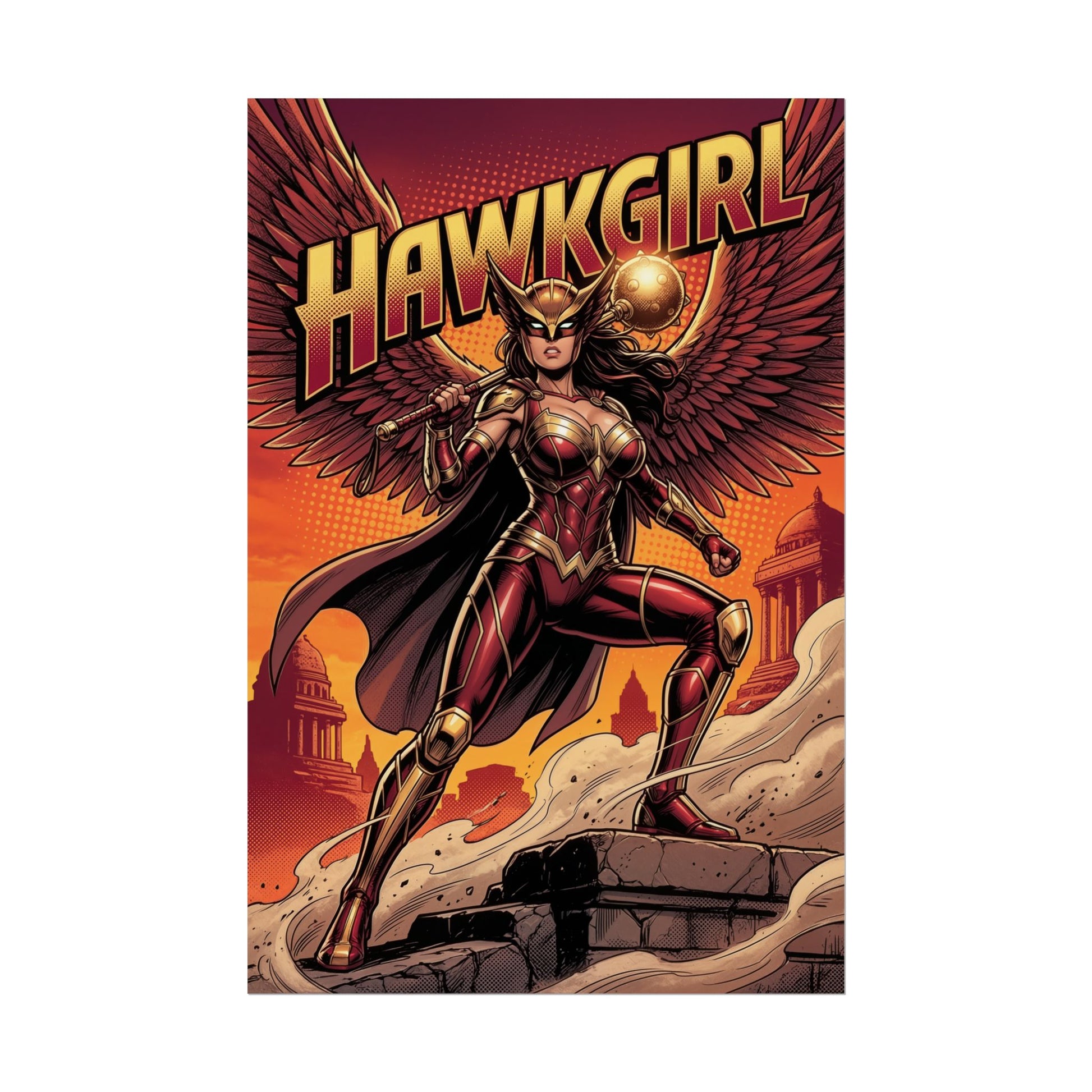 Hawkgirl Poster / Hawkgirl Wall Art / Hawkgirl Art Print / DC Comics Poster – dynamic Hawkgirl with mace, wings spread over city at golden-hour