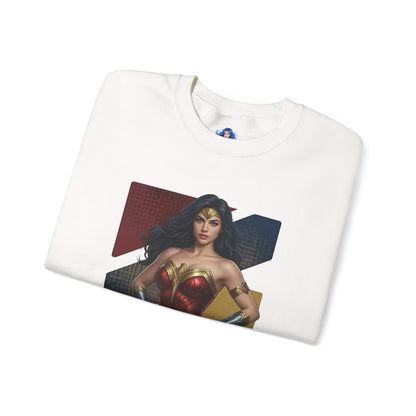 Wonder Woman Sweatshirt, DC Comics Crewneck, Legendary Superhero Apparel for Fans - white folded crewneck featuring Wonder Woman armor graphic