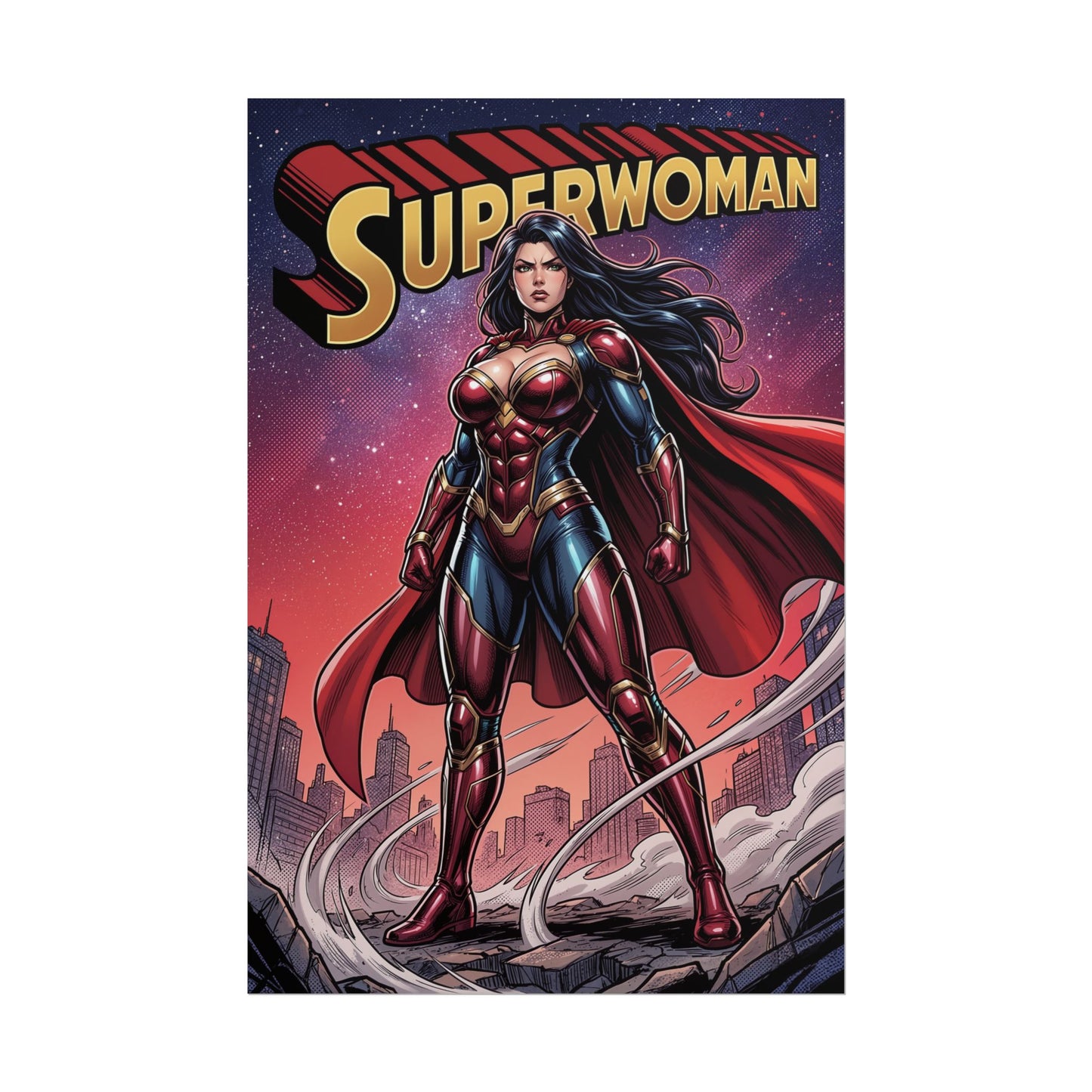 Superwoman Poster / Superwoman Wall Art / Superwoman Art Print / DC Comics Poster showing Superwoman standing over city skyline with flowing cape and heroic pose