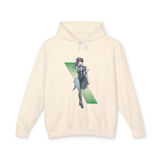 Eve Hoodie | Stellar Blade Hoodie | Anime Sci-Fi Heroine Pullover - cream pullover with Eve character art and green geometric accent