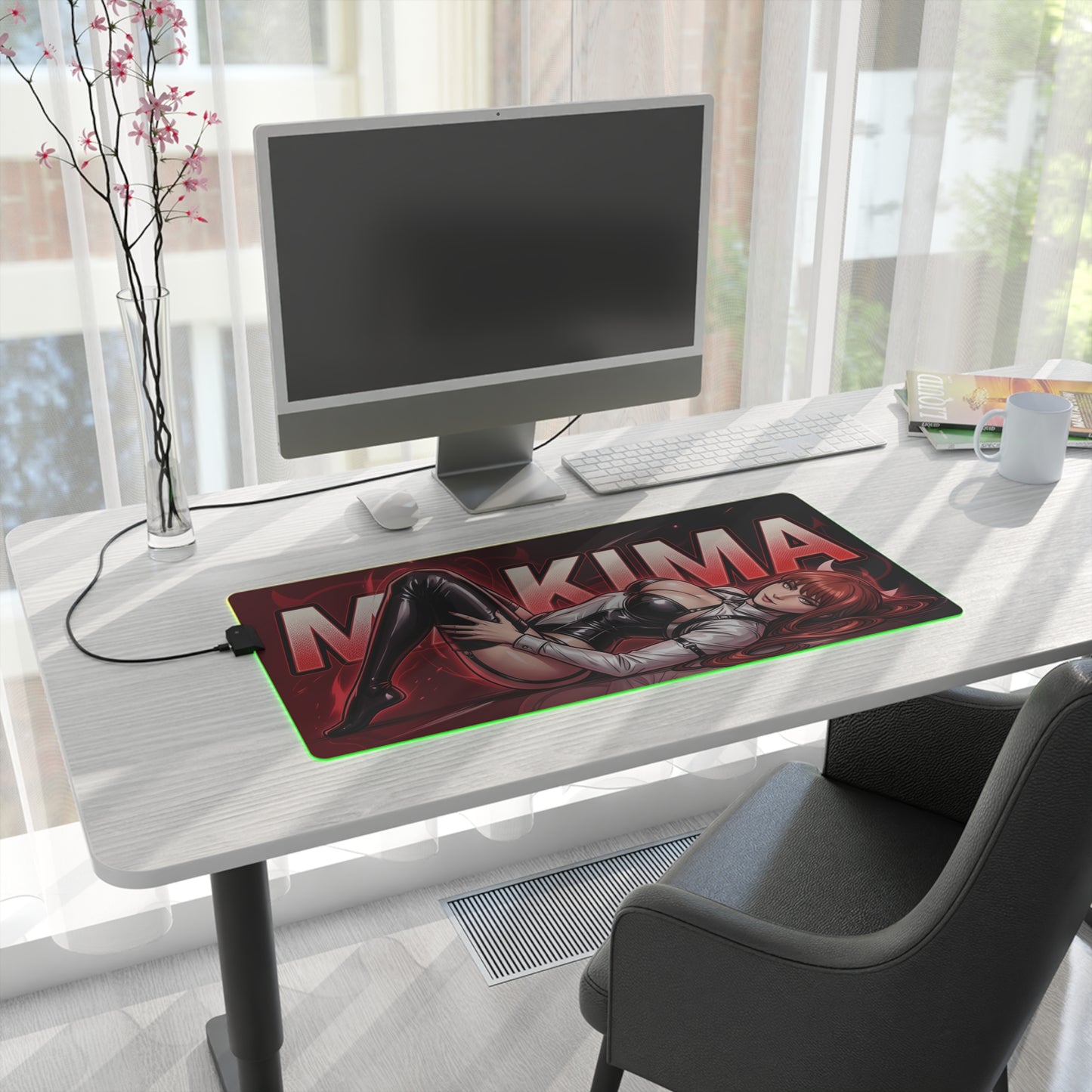 Makima RGB Desk Mat, Chainsaw Man Gaming Mouse Pad, LED Desk Mat for Anime Setup on a modern white desk with PC and keyboard