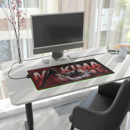 Makima RGB Desk Mat, Chainsaw Man Gaming Mouse Pad, LED Desk Mat for Anime Setup on a modern white desk with PC and keyboard