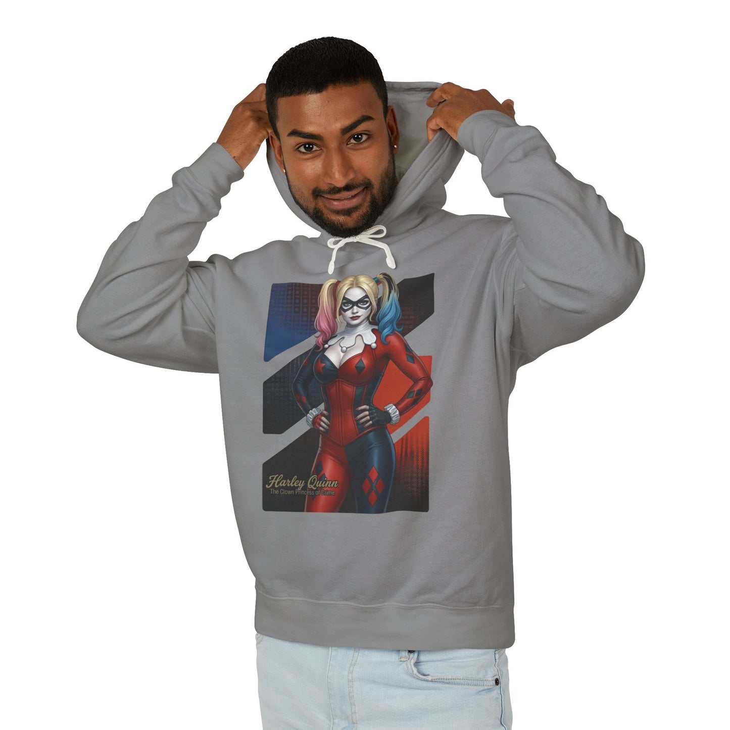 Harley Quinn Hoodie | DC Comics Hoodie | Anime Villain Girl Pullover gray pullover worn by model with anime-style Harley Quinn graphic