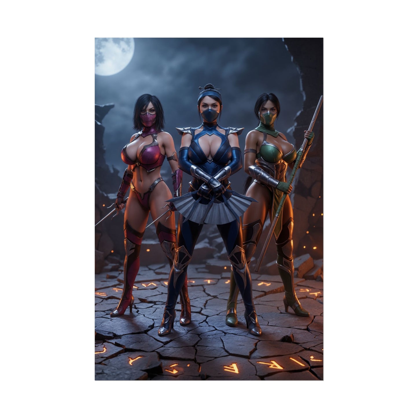 Kitana Mileena Jade Poster, Mortal Kombat Art Print – Iconic Trio featuring Kitana in center with Mileena and Jade in dramatic moonlit fighter pose