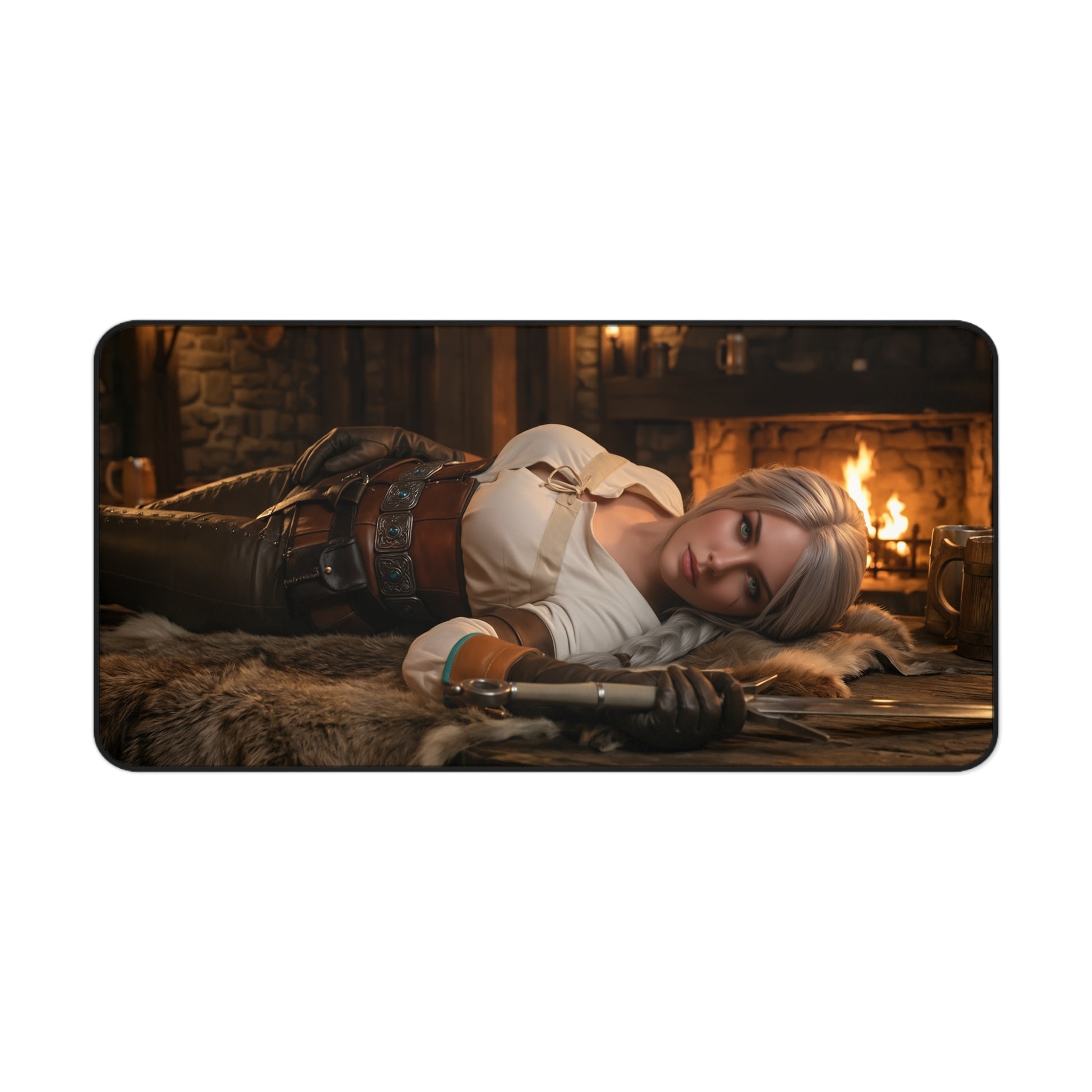 Ciri Gaming Mouse Pad, Witcher Desk Mat, Fantasy Heroine Gaming Setup — premium HD desk mat showing Ciri reclining by a hearth, smooth glide surface