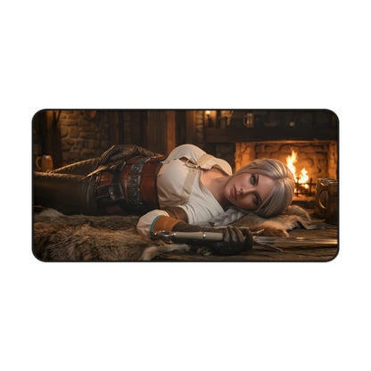 Ciri Gaming Mouse Pad, Witcher Desk Mat, Fantasy Heroine Gaming Setup — premium HD desk mat showing Ciri reclining by a hearth, smooth glide surface