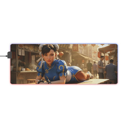 Chun-Li Desk Mat – LED RGB Pad, Waifu Fighter Anime Girl Setup featuring Chun-Li in blue qipao on LED gaming mat