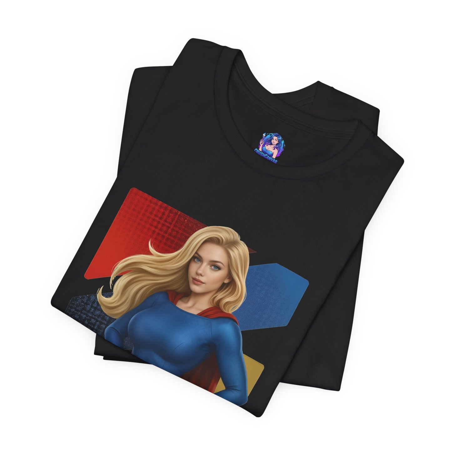 Supergirl T-Shirt | DC Comics Anime Tee for Gamers & Hero Fans - anime-style Supergirl print on black Bella Canvas 3001 tee