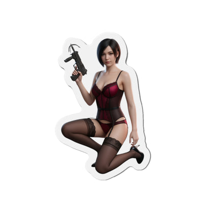Ada Wong Magnet – Resident Evil Anime Heroine Fridge Magnet, Game Decor: die-cut vinyl fridge magnet of anime-style Ada Wong in red outfit holding a submachine gun