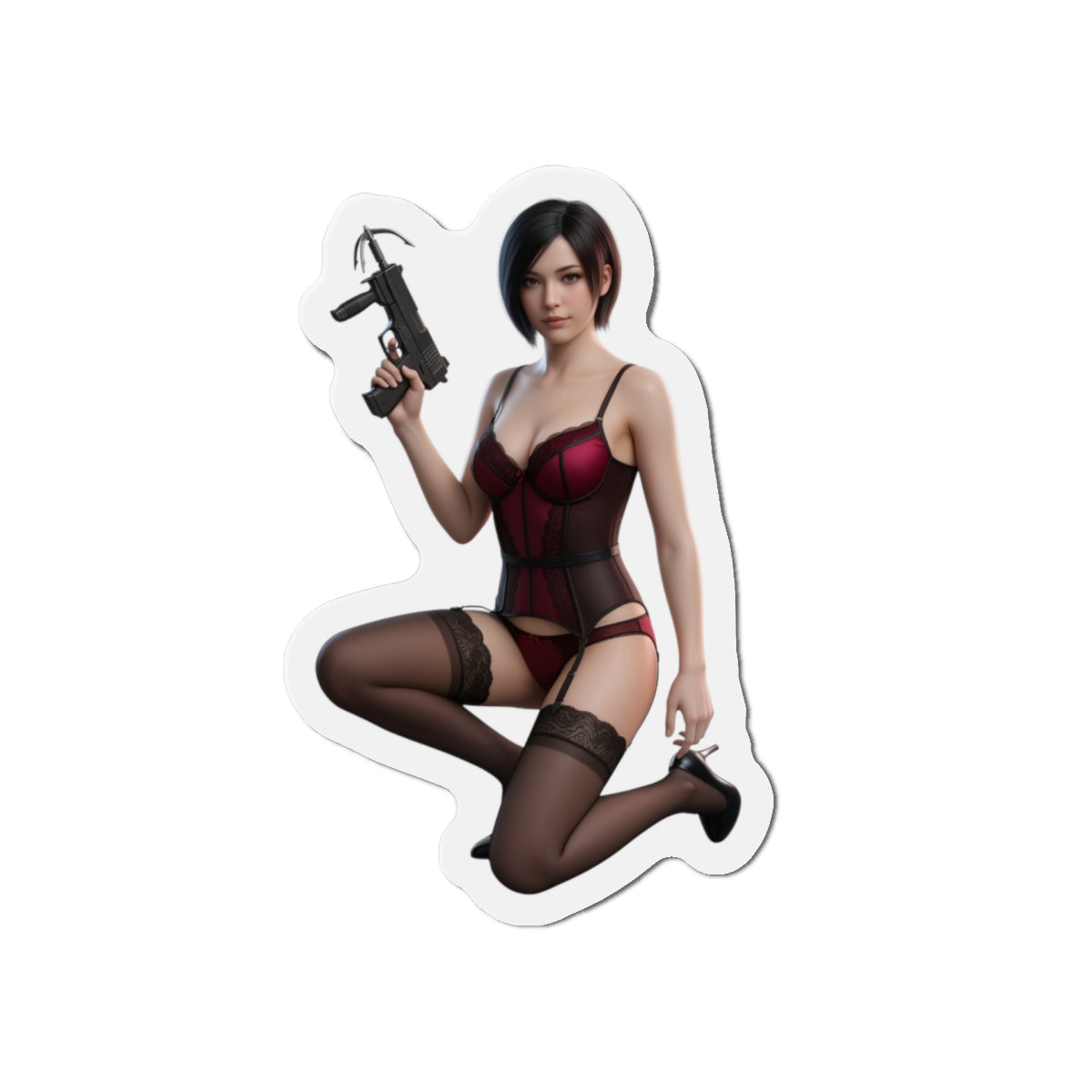 Ada Wong Magnet – Resident Evil Anime Heroine Fridge Magnet, Game Decor, die-cut vinyl fridge magnet showing anime-style Ada Wong in red lingerie with submachine gun