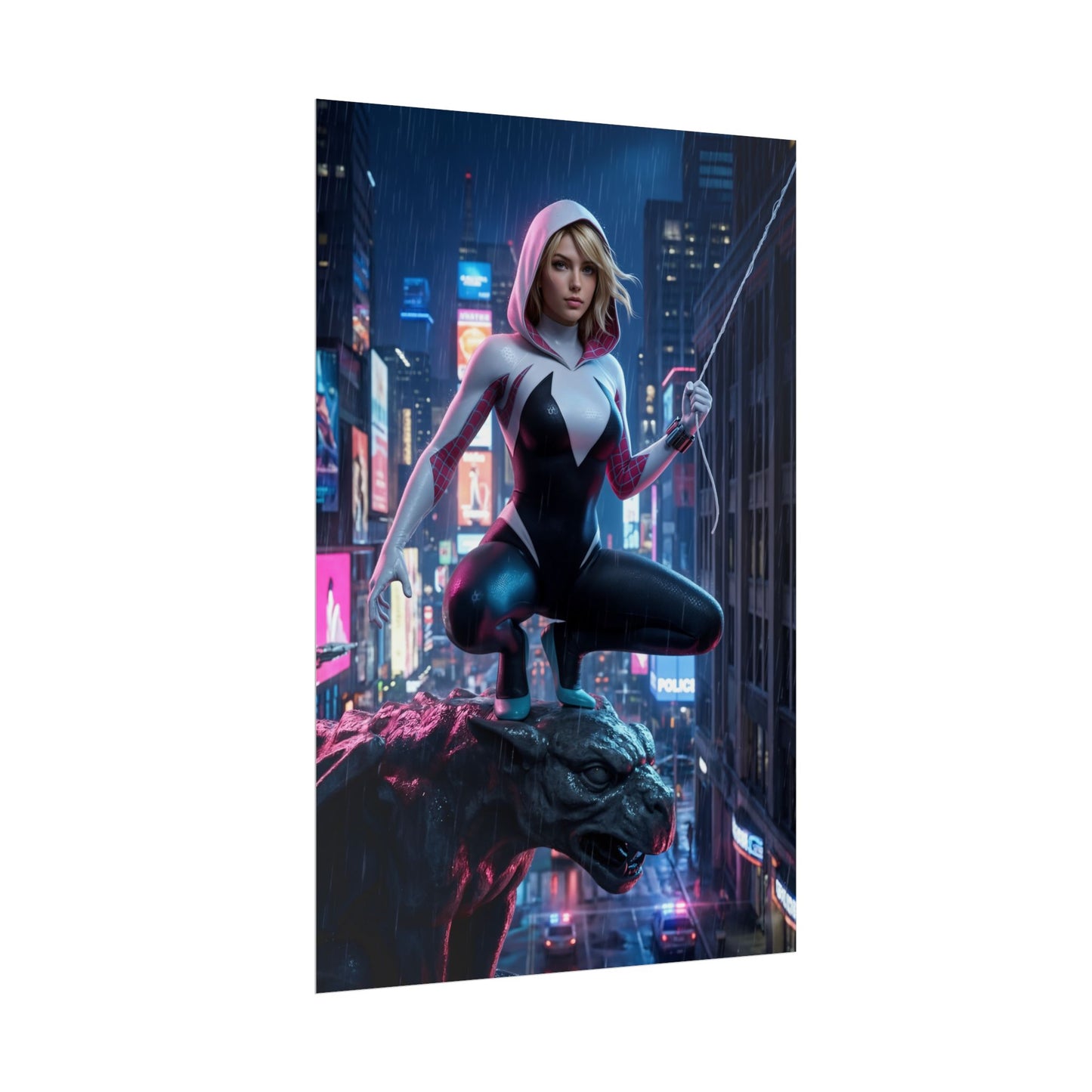 Gwen Stacy Poster, Spider-Verse Art Print, Iconic Superhero Character - dynamic Gwen Stacy in hooded suit perched on gargoyle over neon city
