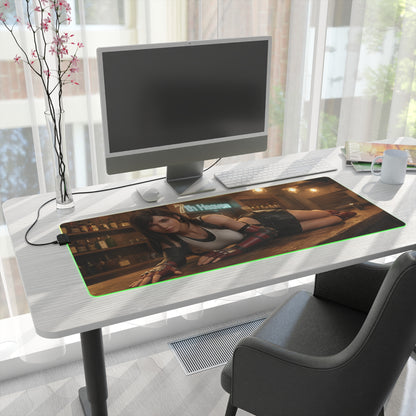 Tifa Lockhart Desk Mat – LED RGB Pad, Waifu Fighter Anime Girl Setup on modern white desk with gaming PC and green LED glow