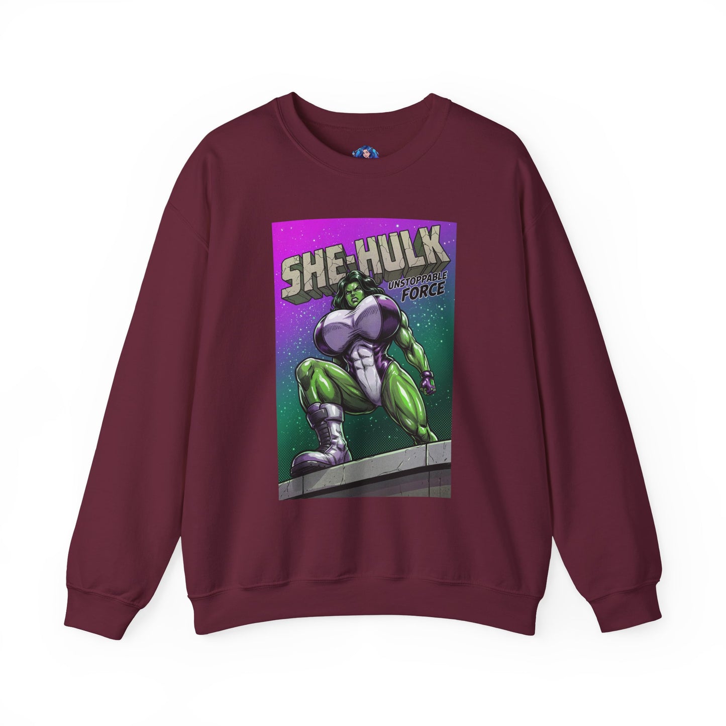 She-Hulk Sweatshirt, Comic Character Art, Premium Fan Apparel - maroon crewneck featuring vivid green She-Hulk illustration in dominant stance