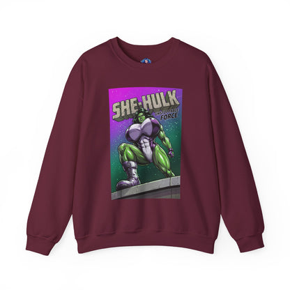 She-Hulk Sweatshirt, Comic Character Art, Premium Fan Apparel - maroon crewneck featuring vivid green She-Hulk illustration in dominant stance