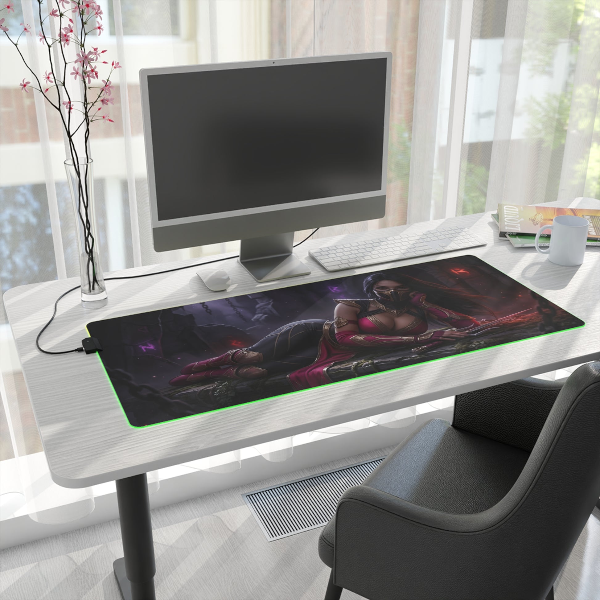 Mileena Desk Mat – LED RGB Pad, Waifu Assassin Anime Girl Setup shown on modern white desk with gaming PC monitor and green LED edge