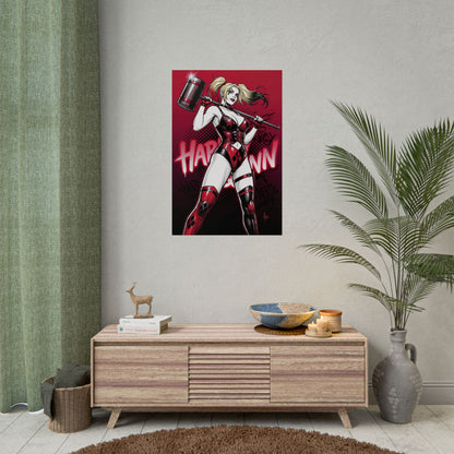Harley Quinn Poster / Harley Quinn Wall Art / Harley Quinn Art Print / DC Comics Poster showing Harley Quinn with hammer in red black bold comic style