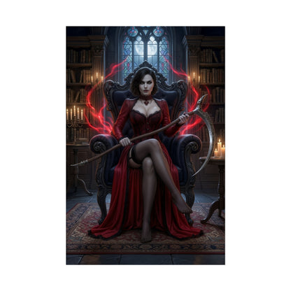 Lady Dimitrescu Poster / Lady Dimitrescu Wall Art / Lady Dimitrescu Art Print / Resident Evil Poster - gothic portrait of Lady Dimitrescu seated in candlelit manor