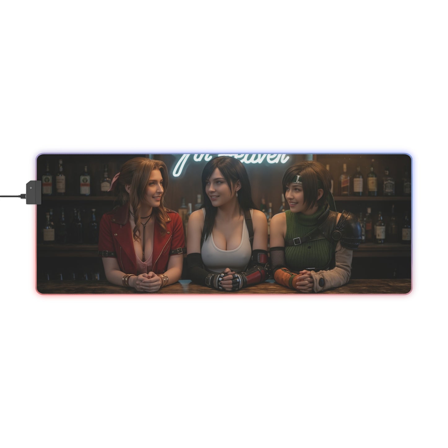 Tifa Lockhart, Aerith Gainsborough & Yuffie Kisaragi Desk Mat – LED RGB Pad featuring trio at bar with RGB glow