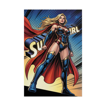 Supergirl Poster / Supergirl Wall Art / Supergirl Art Print / DC Comics Poster - powerful Supergirl standing tall in bold comic-style sky scene