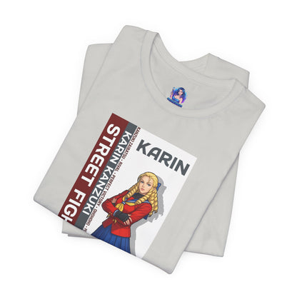 Karin Kanzuki T-Shirt | Street Fighter Anime Tee for Gamers & Fighting Game Fans folded white Bella Canvas tee featuring anime-style Karin print