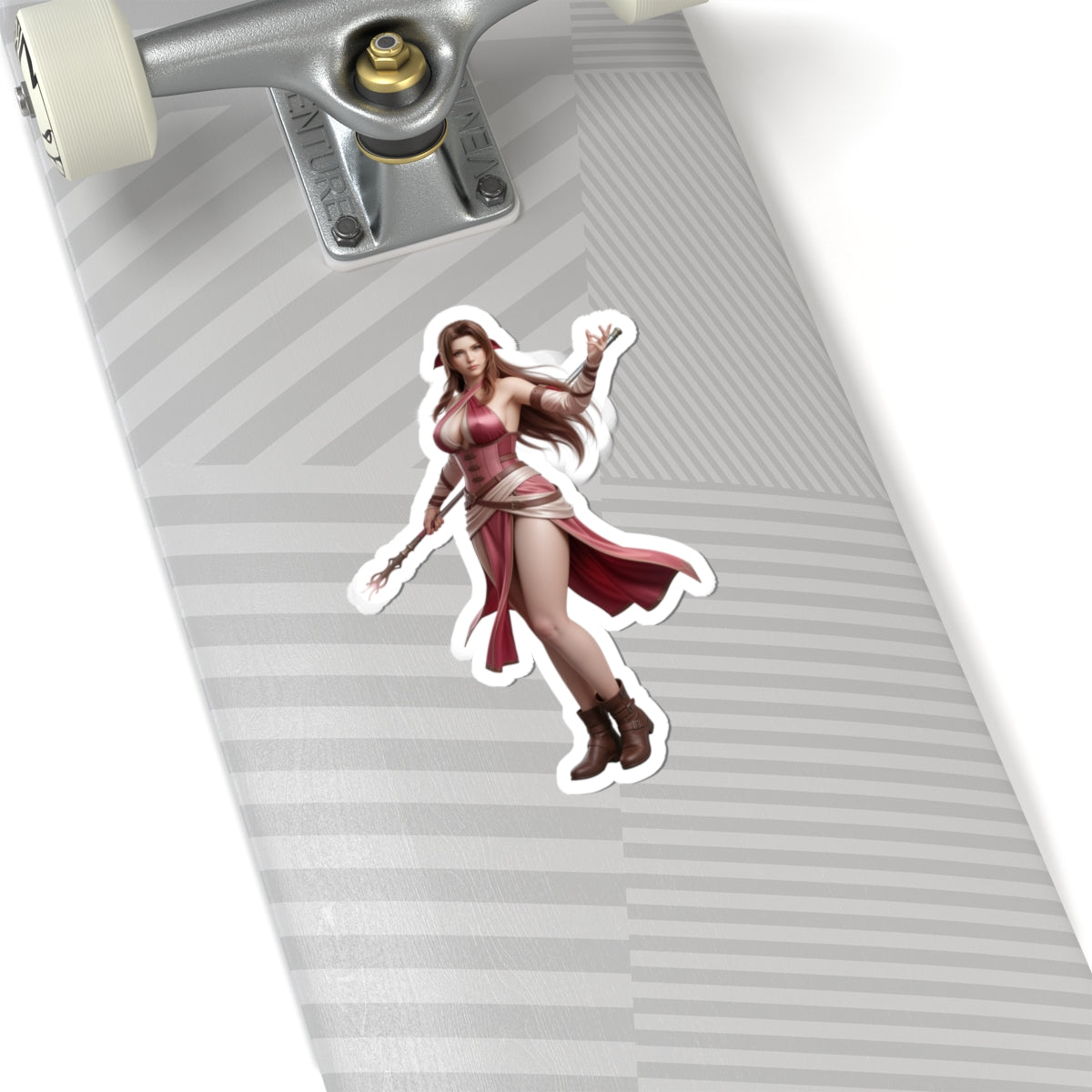 Aerith Sticker – Fantasy Game Vinyl Sticker for Laptops & Indoor Decor on skateboard deck, glossy durable vinyl, bubble-free application
